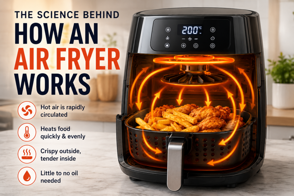 Air fryer cooking food using rapid hot air circulation and convection heating technology