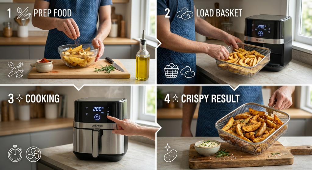 Step by step air fryer cooking process from preparation to serving crispy food