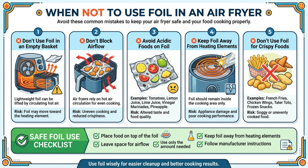 When not to use aluminum foil in an air fryer infographic
