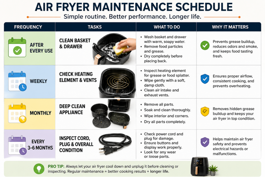 Air Fryer Maintenance Schedule showing daily weekly monthly and seasonal maintenance tasks