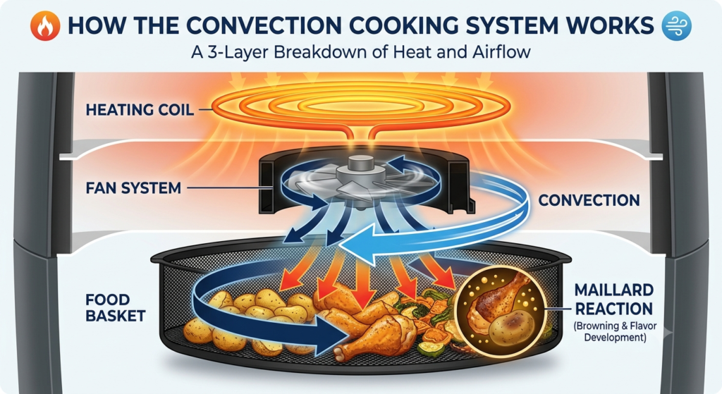 Diagram explaining convection heat and airflow in an air fryer cooking process