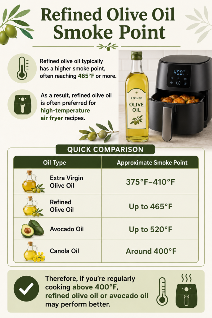 Olive oil smoke point compared to avocado oil and canola oil
