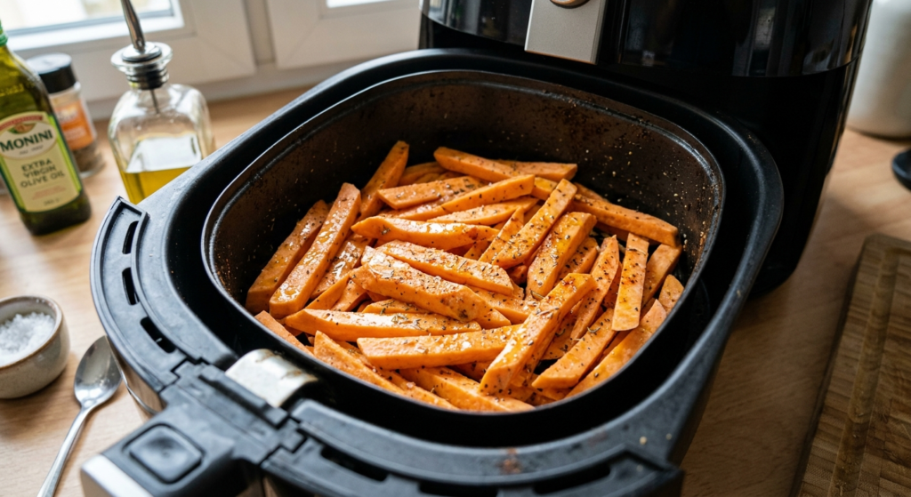 Olive oil spray in air fryer basket before cooking