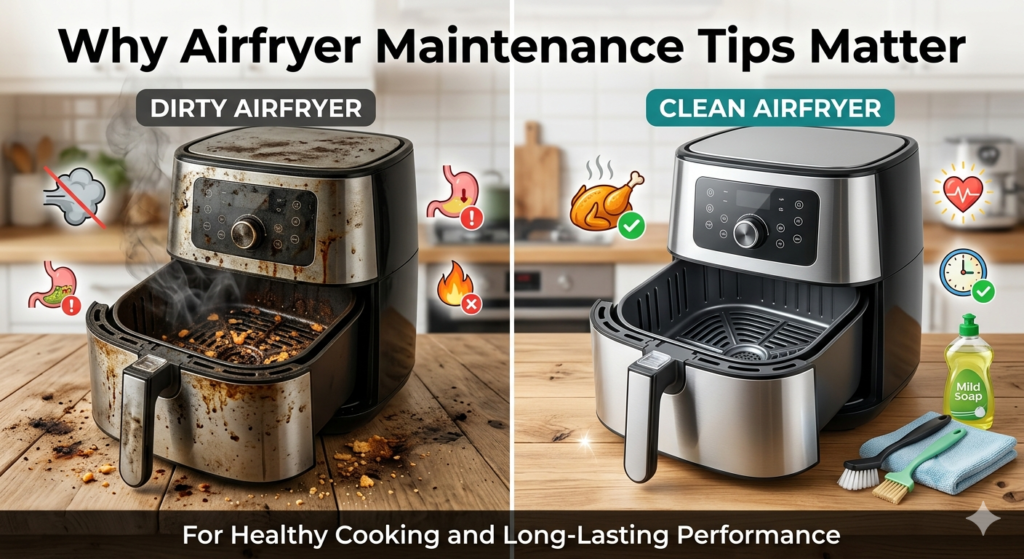 Dirty air fryer compared with clean air fryer to show importance of maintenance