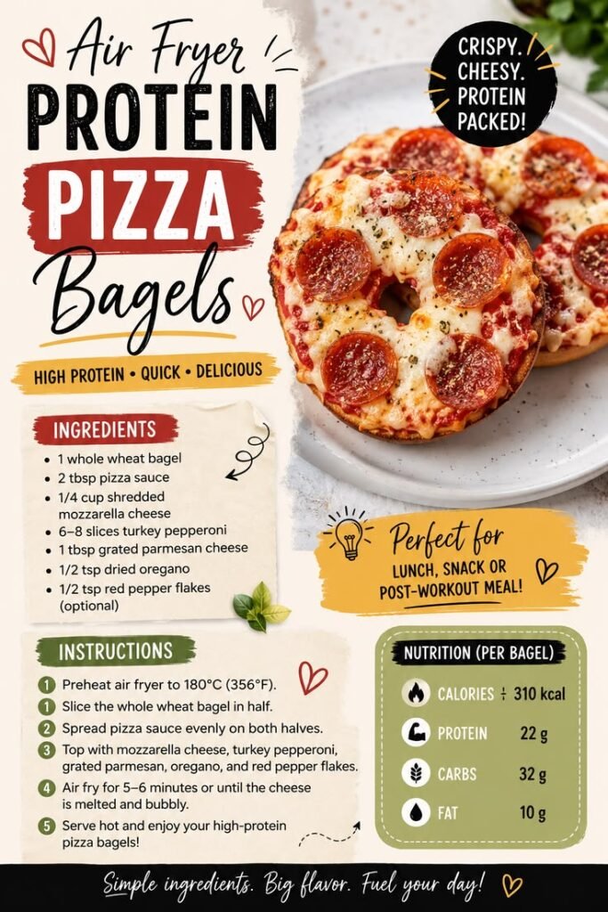 Air Fryer Protein Pizza Bagels topped with mozzarella cheese and turkey pepperoni served on a white plate.