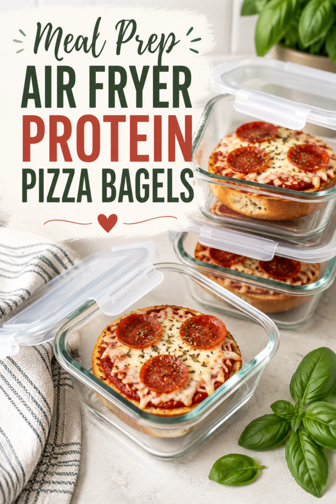 Air Fryer Protein Pizza Bagels packed inside glass meal prep containers for healthy meal preparation.
