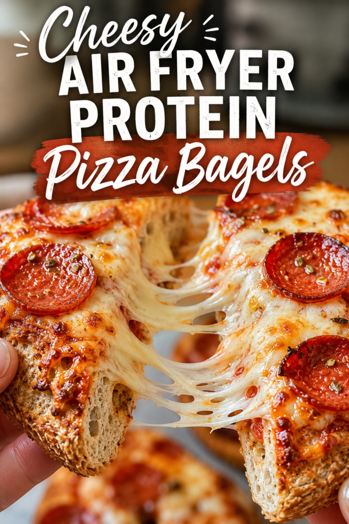Close-up of Air Fryer Protein Pizza Bagels showing melted mozzarella cheese and crispy whole wheat bagel.