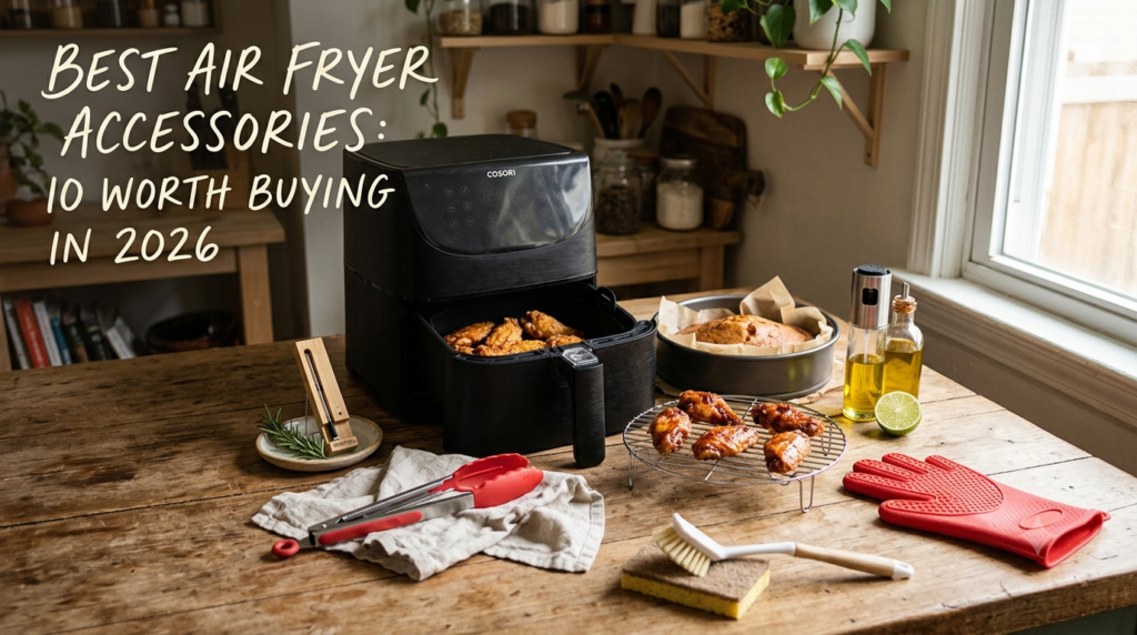 Best air fryer accessories including a meat thermometer, silicone liner, cooking rack, tongs and oil sprayer