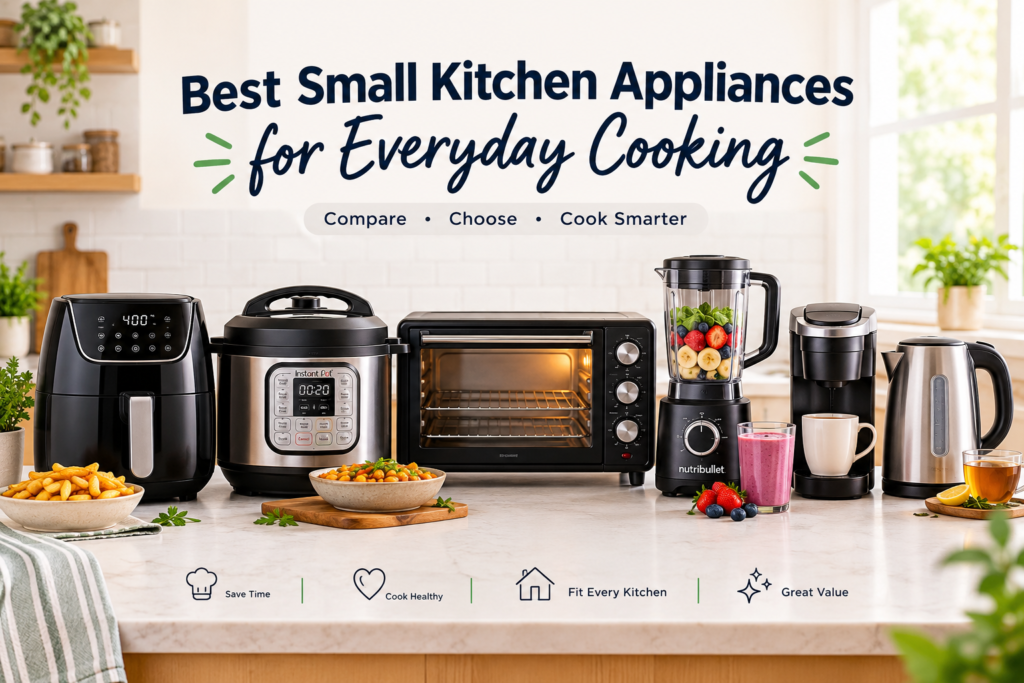 Best small kitchen appliances including a blender, food chopper, rice cooker, immersion blender, multi-cooker and electric grill
