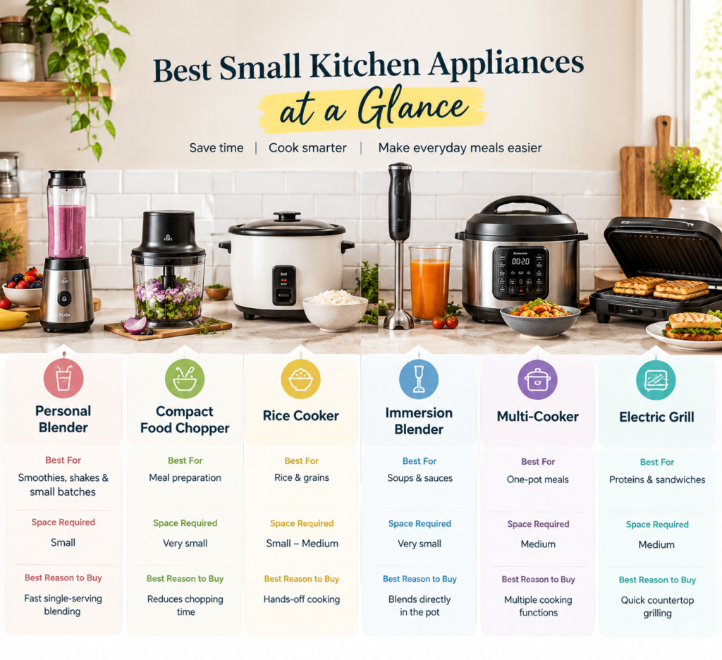 Small kitchen with compact countertop appliances for quick everyday cooking